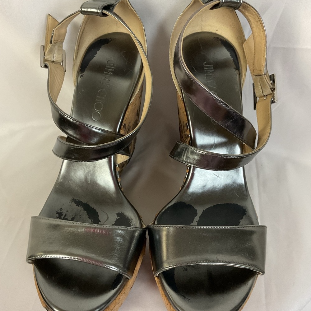 Jimmy Choo Portia 120 Anthracite Mirrored Leather Perforated Cork  Sz 38.5/ 8.5